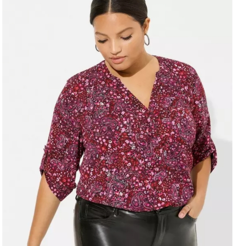 torrid Burgundy & Pink Paisley V-Neck Blouse